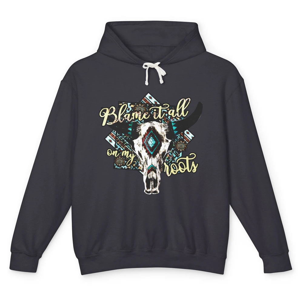 Retro Boot Blame It All On My Root Cow Skull Western Cowboy Unisex Lightweight Hoodie