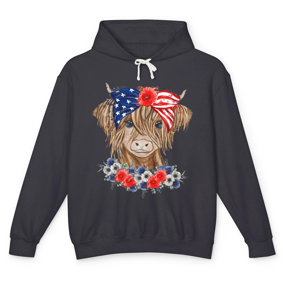 Funny Heifer Highland Cow Bandana America Flag 4th Of July Unisex Lightweight Hoodie