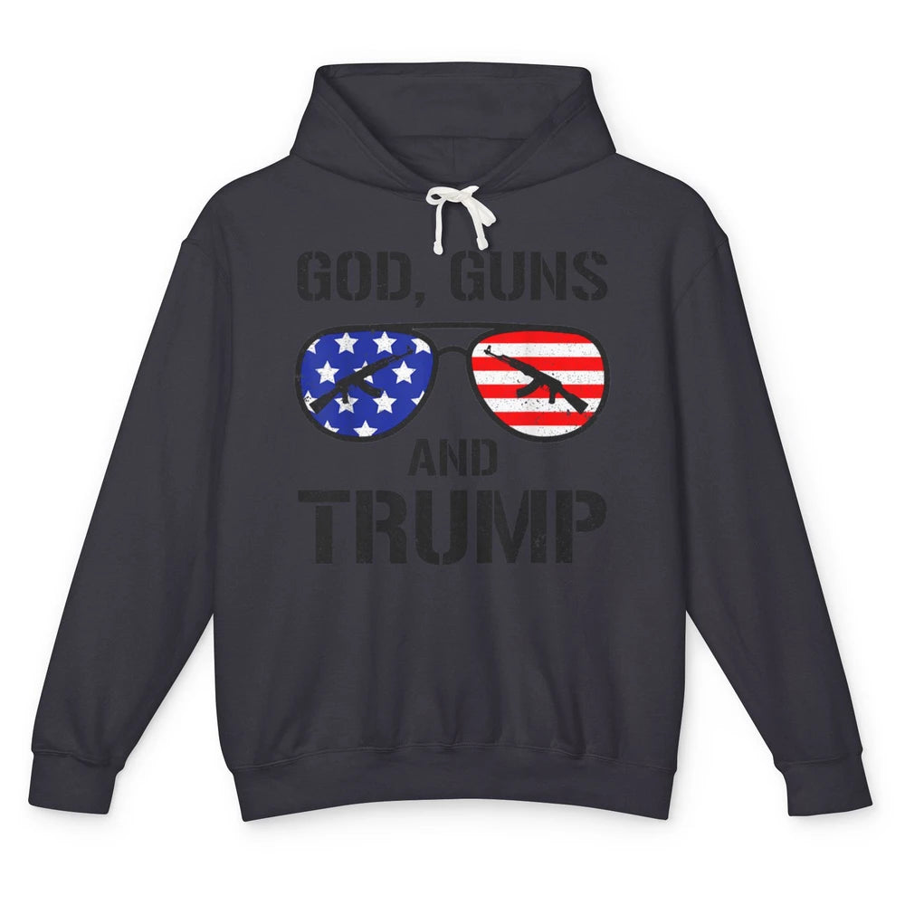 Funny God Guns Donald Trump Vote 2024 Glasses Republican Pun Unisex Lightweight Hoodie