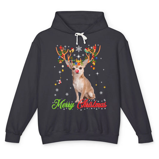 Merry Christmas Chihuahua Dog Santa Hat Xmas Reindeer Lights Unisex Lightweight Hoodie