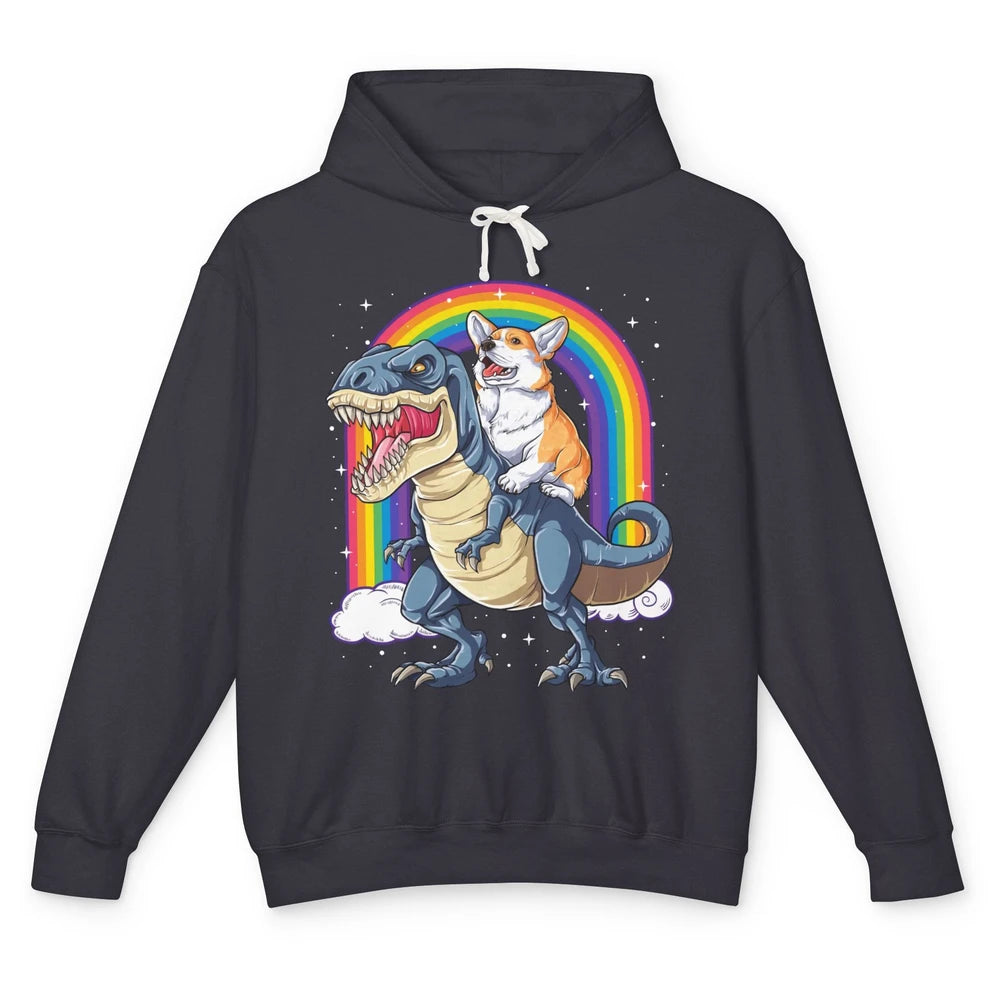 Funny Corgi Ride Dinosaur T Rex Cute Welsh Dog Pet Rainbow Unisex Lightweight Hoodie