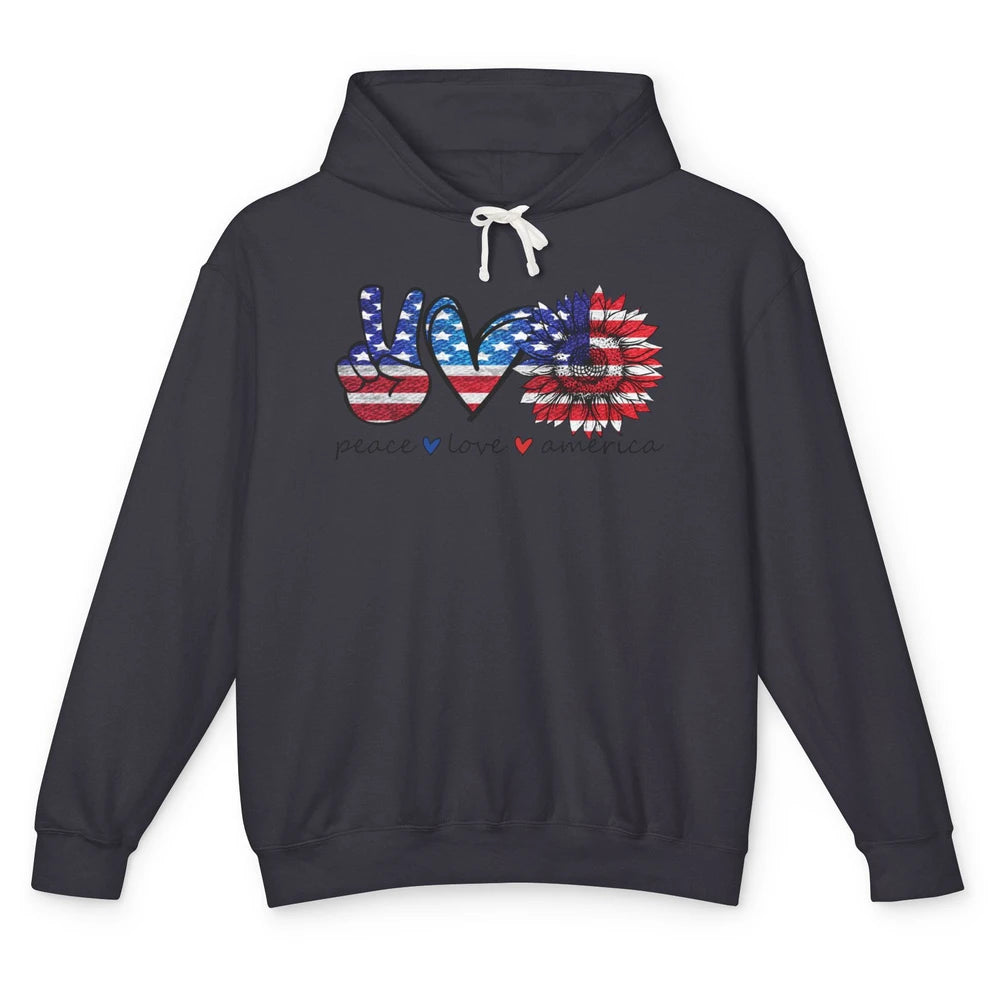 Peace Love America Flag Sunflower 4th of July Memorial Day Unisex Lightweight Hoodie