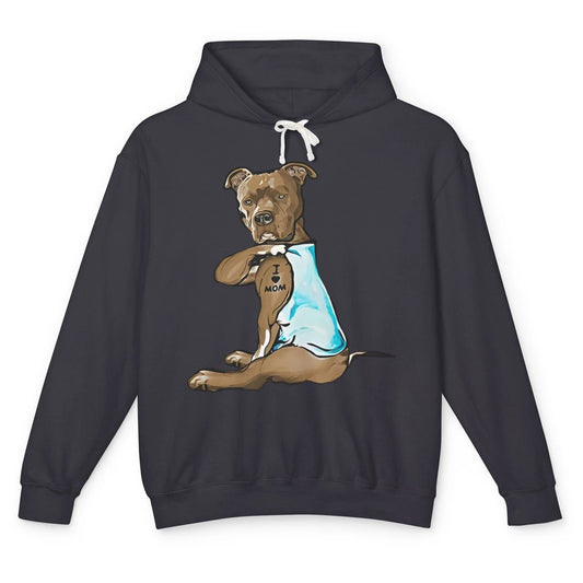 Funny Tan Brown Pitbull Tattoo Mom Bully Dog Fur Pet Mama Unisex Lightweight Hoodie