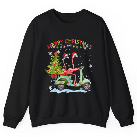 Merry Christmas Flamingos Santa Hat Xmas Lights Motorbike Unisex Crewneck Sweatshirt