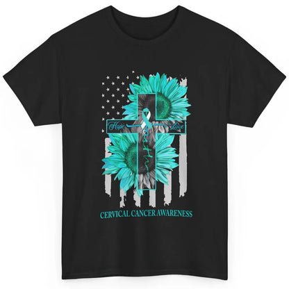 Cervical Cancer Faith Hope Turquoise US Flag Jesus Cross Classic Unisex T-Shirt