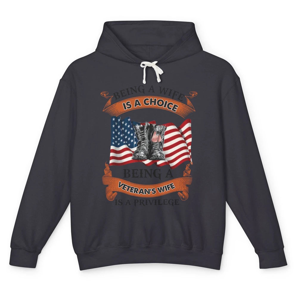 Retro US Flag Combat Boot Being Veteran's Wife Is Privilege Unisex Lightweight Hoodie