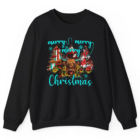 Highland Cow Merry Christmas Heifer Western Country Cowboy Unisex Crewneck Sweatshirt