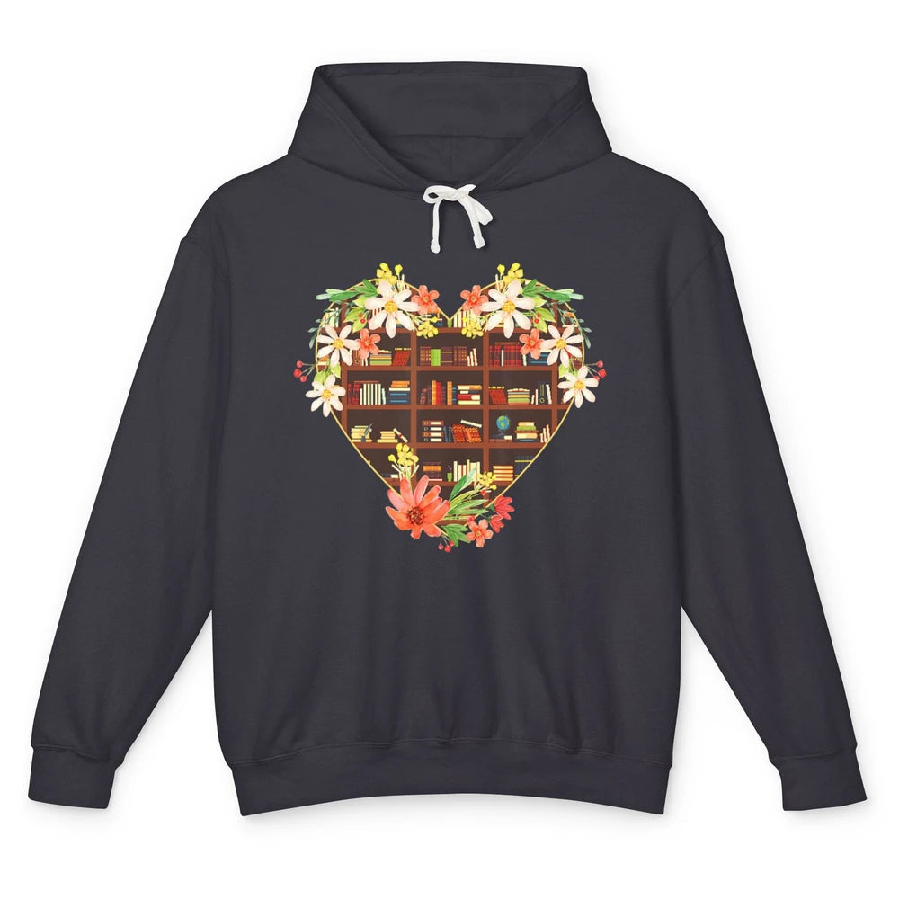 Bookshelf Heart Reading Book Floral Librarian Library Books Unisex Lightweight Hoodie