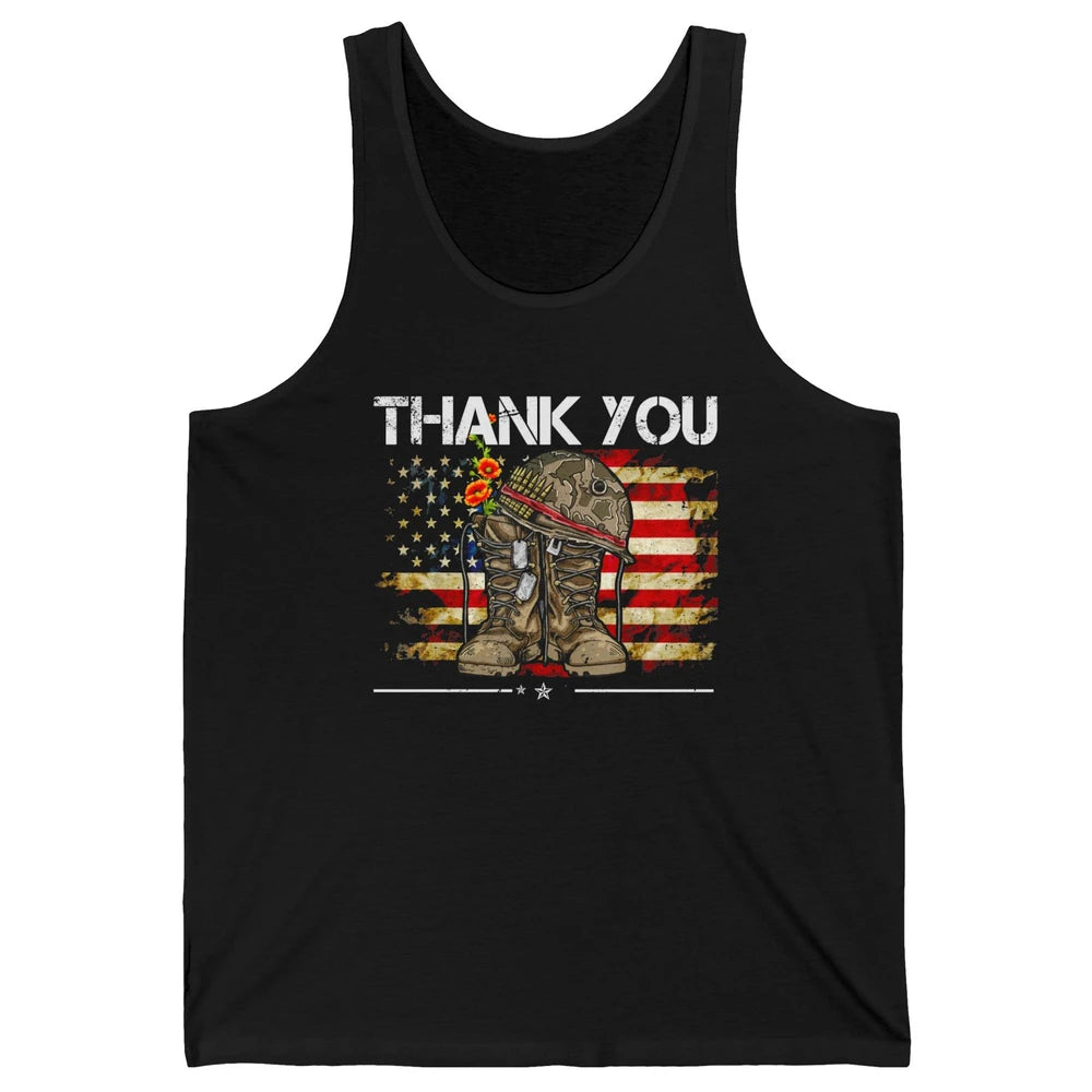 Vintage Veteran US Flag Thank You Military Boot Memorial Day Unisex Jersey Tank