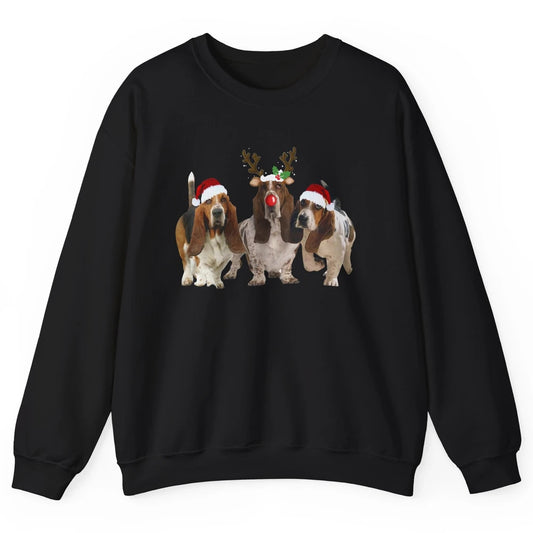 Basset Hound Santa Hats And Reindeer Horns Christmas Dog Mom Unisex Crewneck Sweatshirt