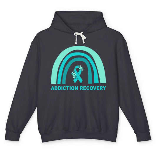 Addiction Recovery Awareness Floral Teal Ribbon Rainbow Unisex Lightweight Hoodie