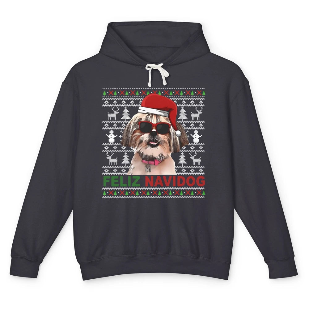 Funny Santa Shih Tzu Dog Feliz Navidog Christmas Tree Ugly Unisex Lightweight Hoodie