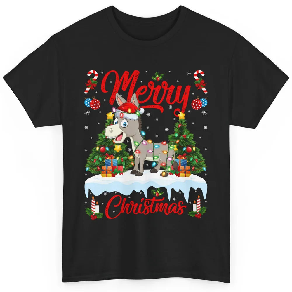 Merry Christmas Donkey Santa Claus Hat Xmas Tree Lights Snow Classic Unisex T-Shirt