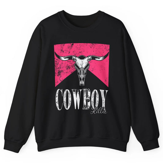 Western Cowboy Bull Skull Pink Southern Country Killer Retro Unisex Crewneck Sweatshirt