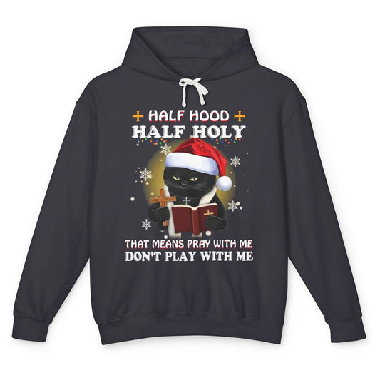 Black Cat Santa Half Hood Half Holly Christmas Bible Verse Unisex Lightweight Hoodie