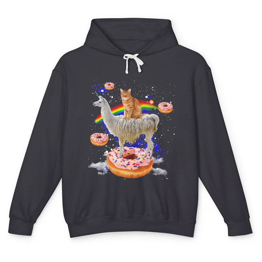 Funny Astronaut Cat Space Cat Riding Llama And Donuts Galaxy Unisex Lightweight Hoodie