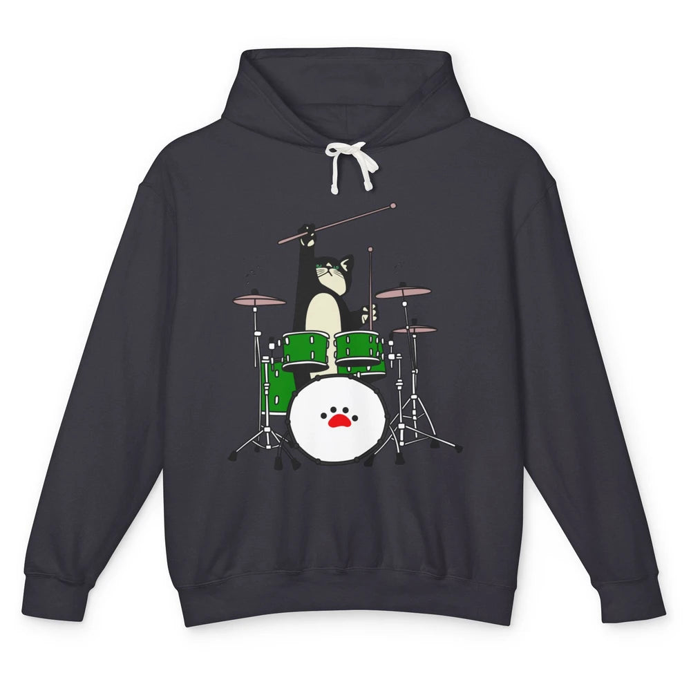 Funny Black Cat Playing Drum Drummer Kitten Musician Song Unisex Lightweight Hoodie