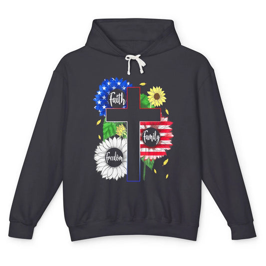 4th July American Flag Cross Faith Family Freedom Christian Unisex Lightweight Hoodie