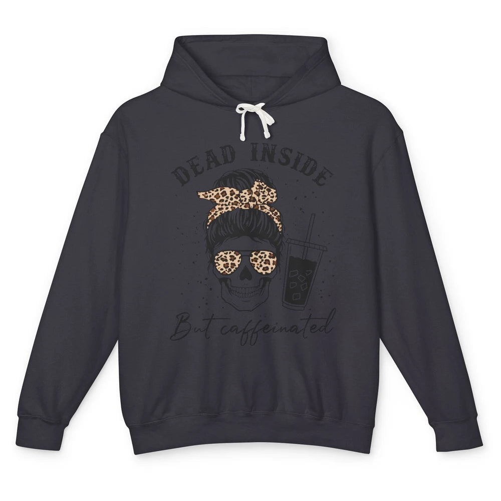 Funny Messy Bun Skull Dead Inside But Caffeinated Leopard Unisex Lightweight Hoodie