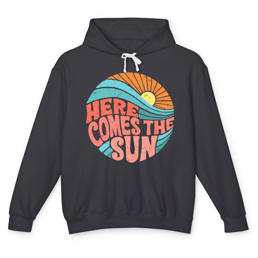 Retro Rainbow Sunrise Here Comes The Sun Hippie Girl Unisex Lightweight Hoodie