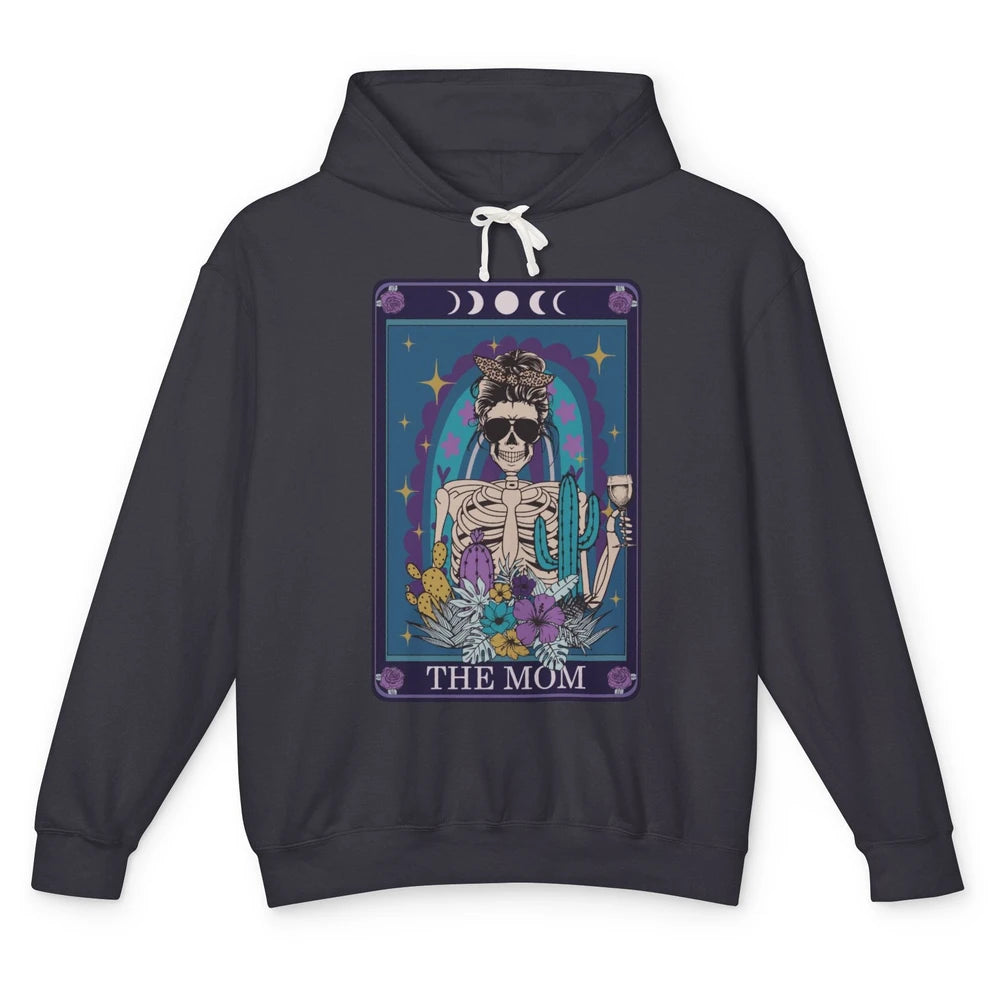 Skeleton Skull Messy Bun Mom Tarot Card The Mom Halloween Unisex Lightweight Hoodie