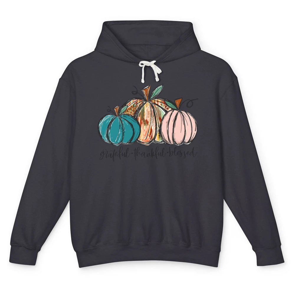 Grateful Thankful Blessed Doodle Pumpkin Fall Thanksgiving Unisex Lightweight Hoodie