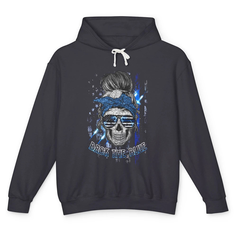 Back The Blue Police American Flag Skull Lady 4th of July Unisex Lightweight Hoodie