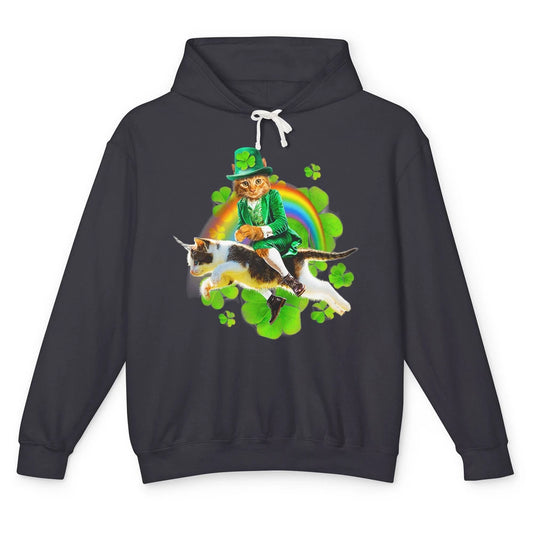 Leprechaun Cat Riding Rainbow Lucky Shamrock St Patricks Day Unisex Lightweight Hoodie