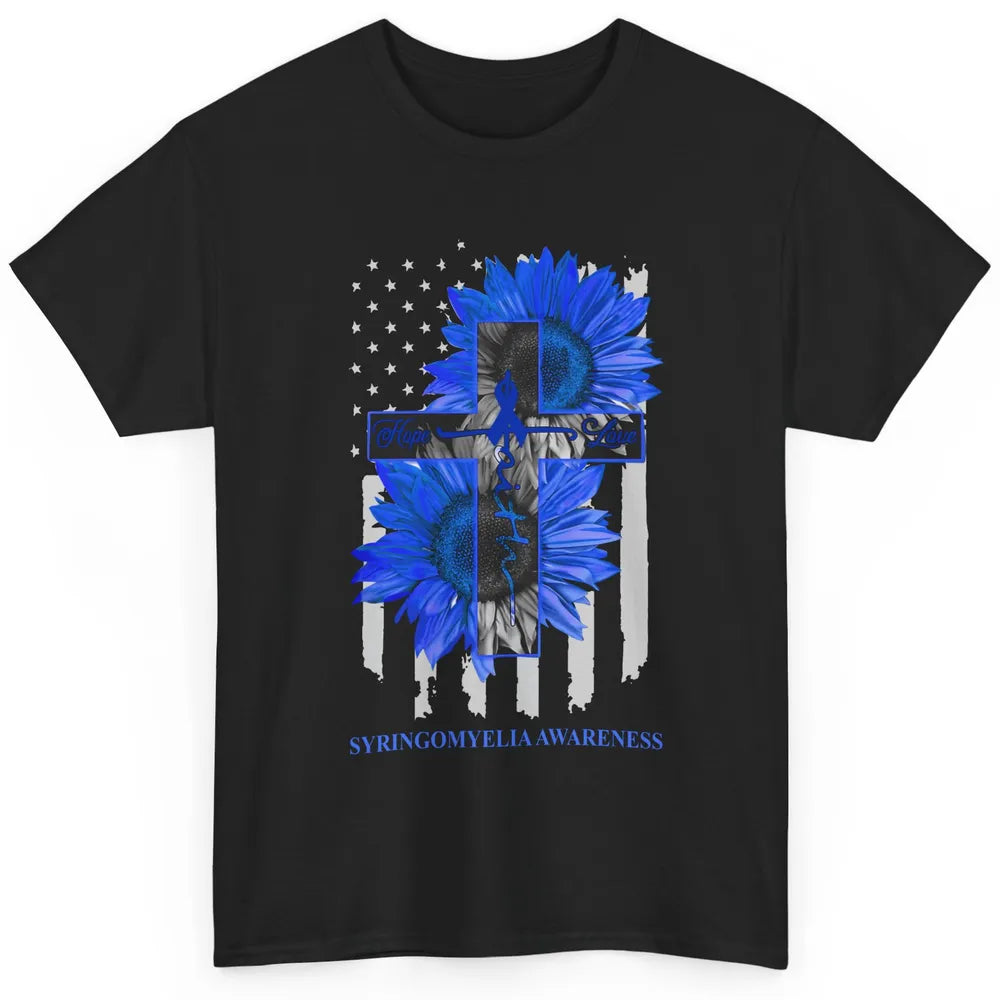 Syringomyelia Awareness Faith Hope Love Blue Ribbon US Flag Classic Unisex T-Shirt