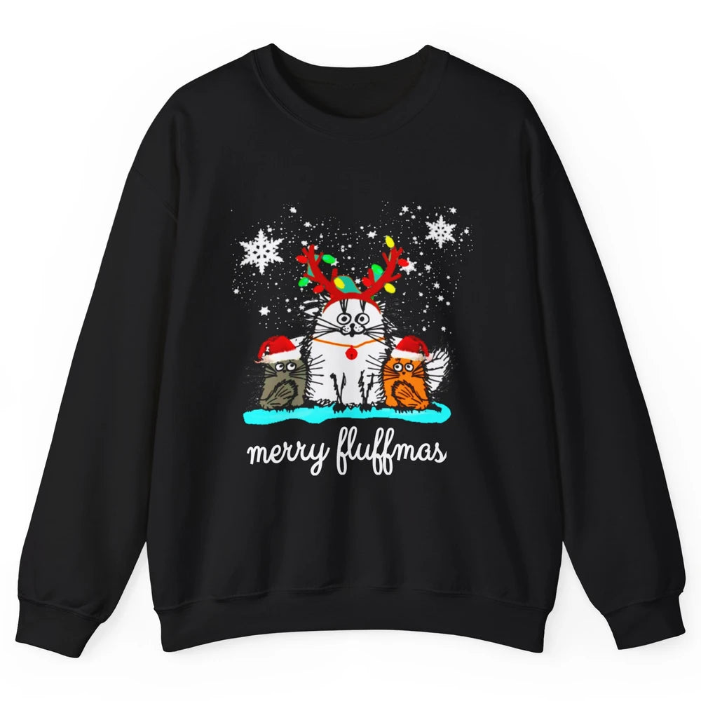 Merry Christmas Fluffmas Cat Santa Claus Hat Xmas Tree Light Unisex Crewneck Sweatshirt