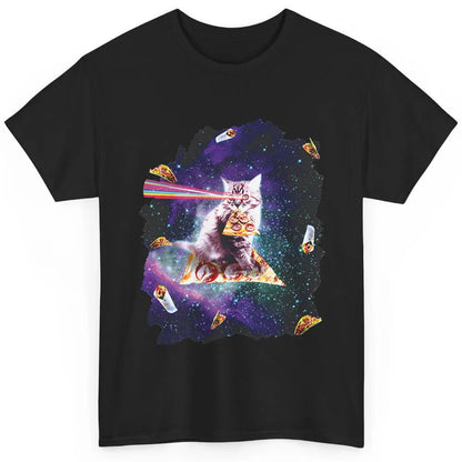 Funny Cat Rainbow Laser Eyes Riding Pizza Astronaut Kitten Classic Unisex T-Shirt