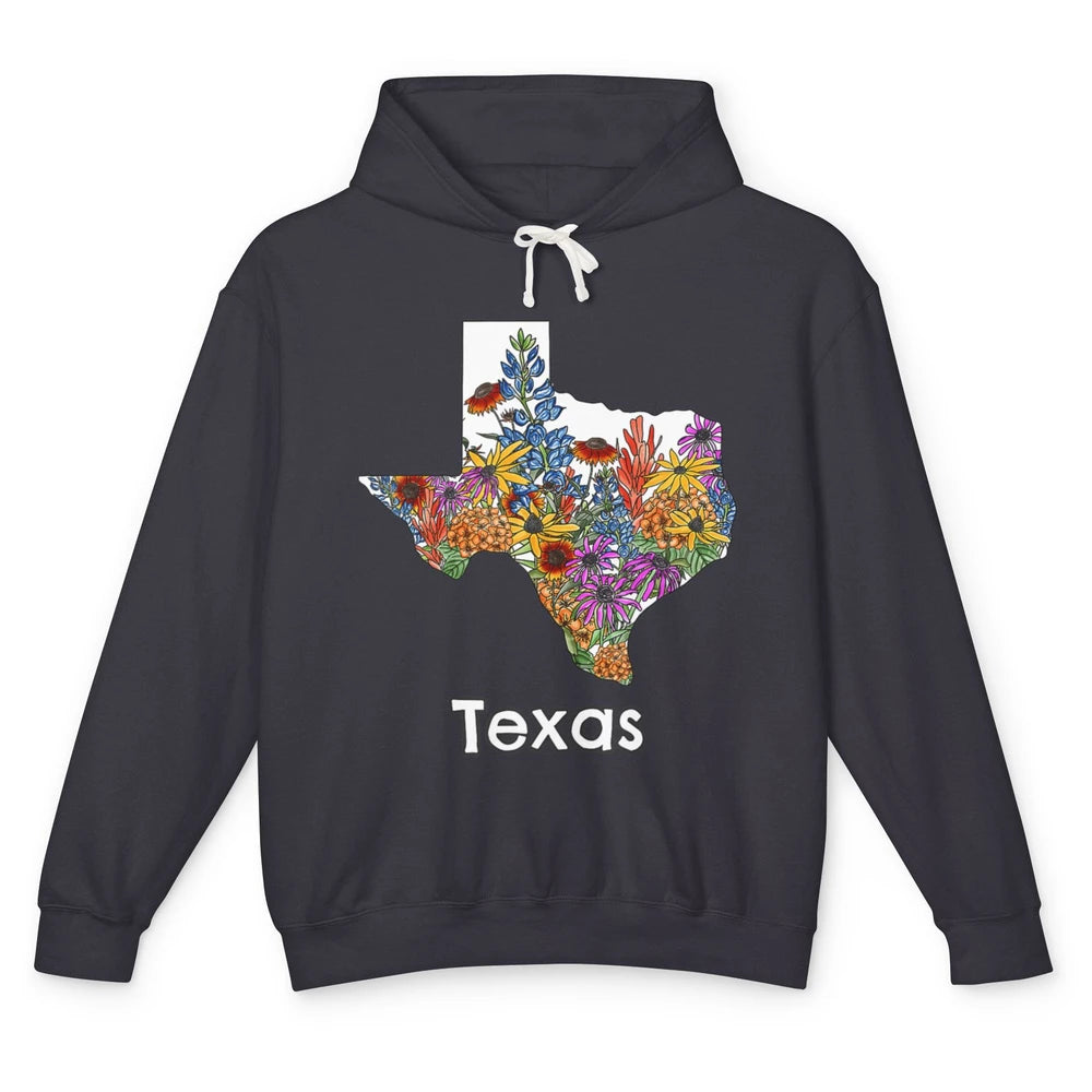 Texas Map Pride Wildflower Western Country Bluebonnet Flower Unisex Lightweight Hoodie