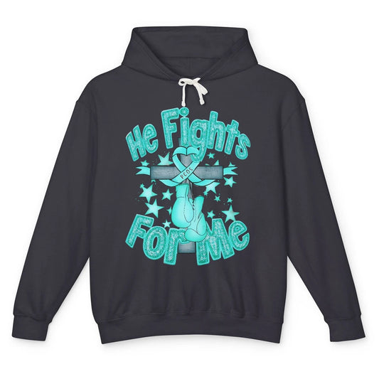 PCOS Awareness He Fights For Me Jesus Cross Teal Ribbon Unisex Lightweight Hoodie