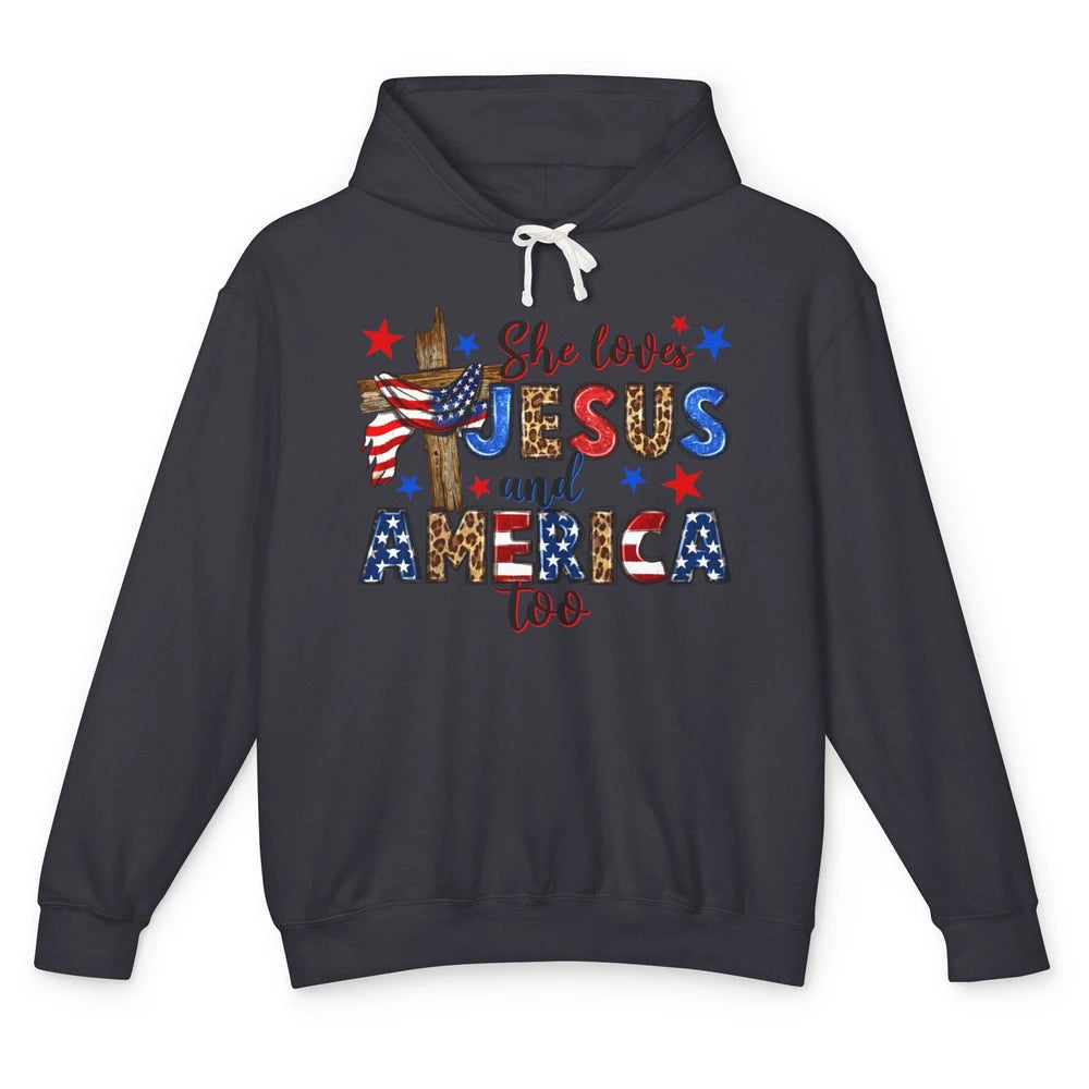 She Loves Jesus And America Too Leopard USA Flag 4th Of July Unisex Lightweight Hoodie