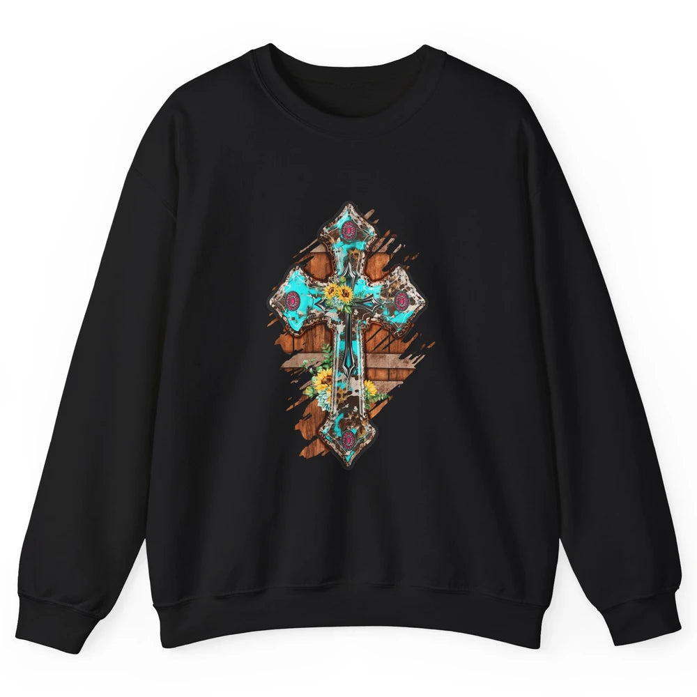 Western Country Boho Christian Turquoise Leopard Faith Cross Unisex Crewneck Sweatshirt