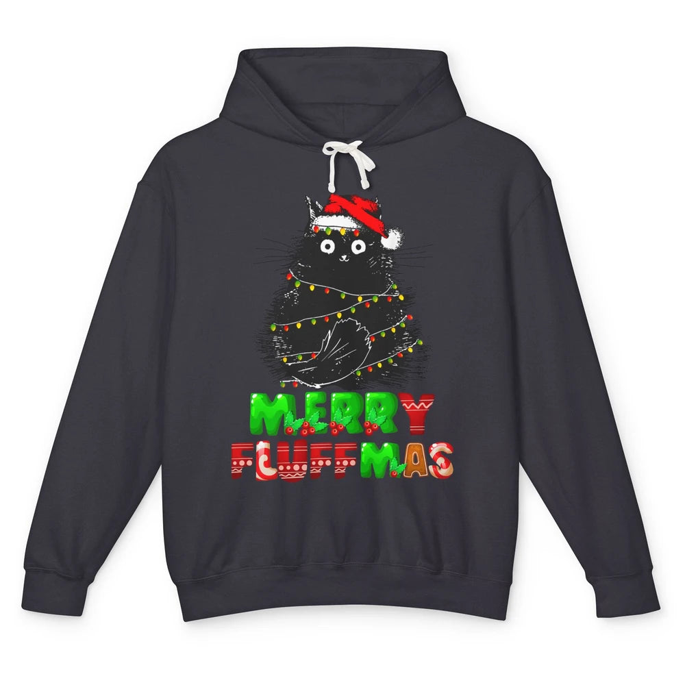 Merry Christmas Catmas Santa Hat Black Cat Xmas Lights Tree Unisex Lightweight Hoodie