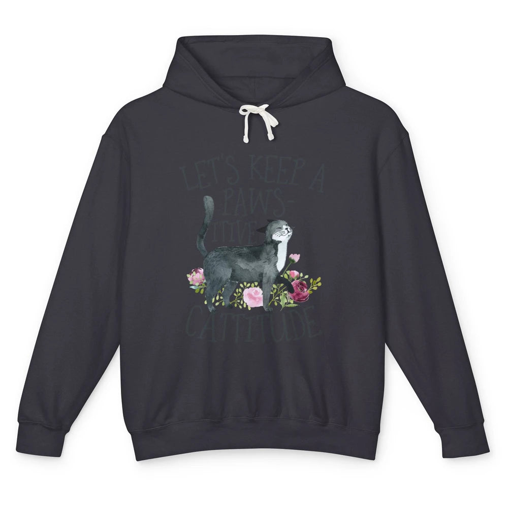 Watercolor Black Cat Lets Keep Pawsitive Cattitude Positive Unisex Lightweight Hoodie