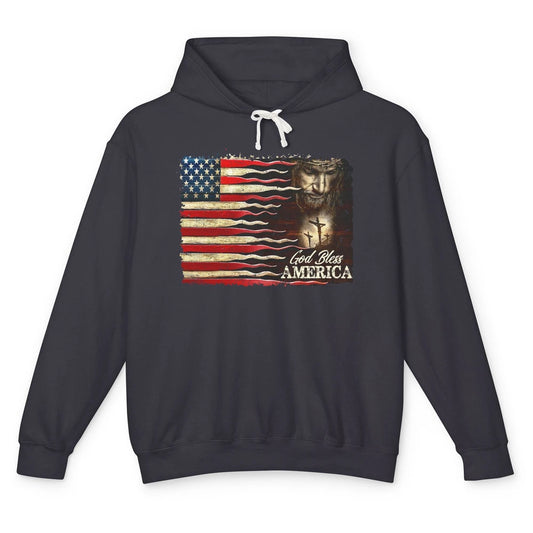 Retro US Flag Jesus Cross God Bless America Patriot July 4th Unisex Lightweight Hoodie