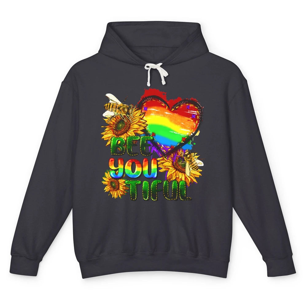 Bee You Tiful Pride Heart Rainbow Sunflower LGBT Pride Month Unisex Lightweight Hoodie