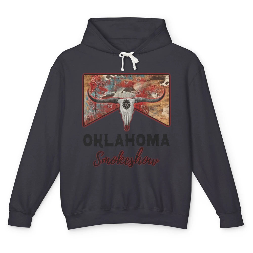 Boho Bull Skull Cow Print Oklahoma Smokeshow Western Country Unisex Lightweight Hoodie