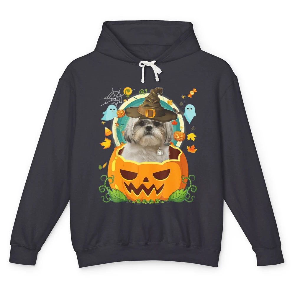 Funny Shih Tzu Dog Witch Hat Pumpkin Halloween Spooky Season Unisex Lightweight Hoodie