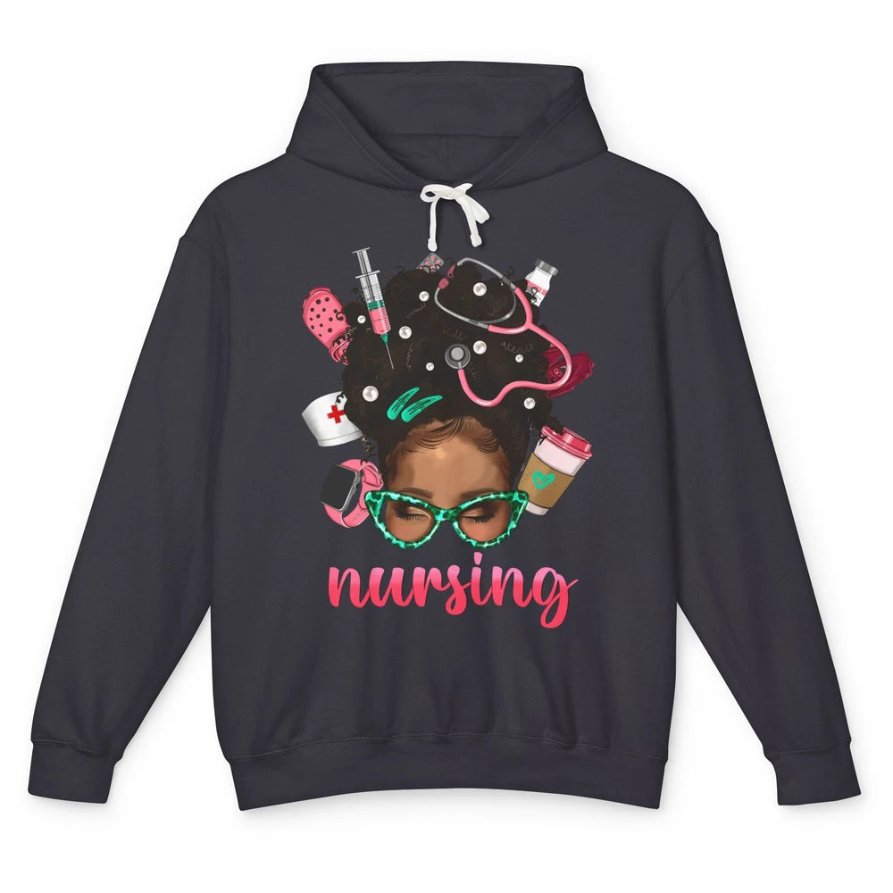 Afro Black Woman Nurse Life Nursing Therapist Messy Hair Bun Unisex Lightweight Hoodie