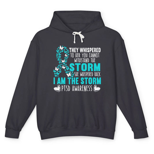 Teal Ribbon Butterfly The Storm Warrior PTSD Awareness Month Unisex Lightweight Hoodie