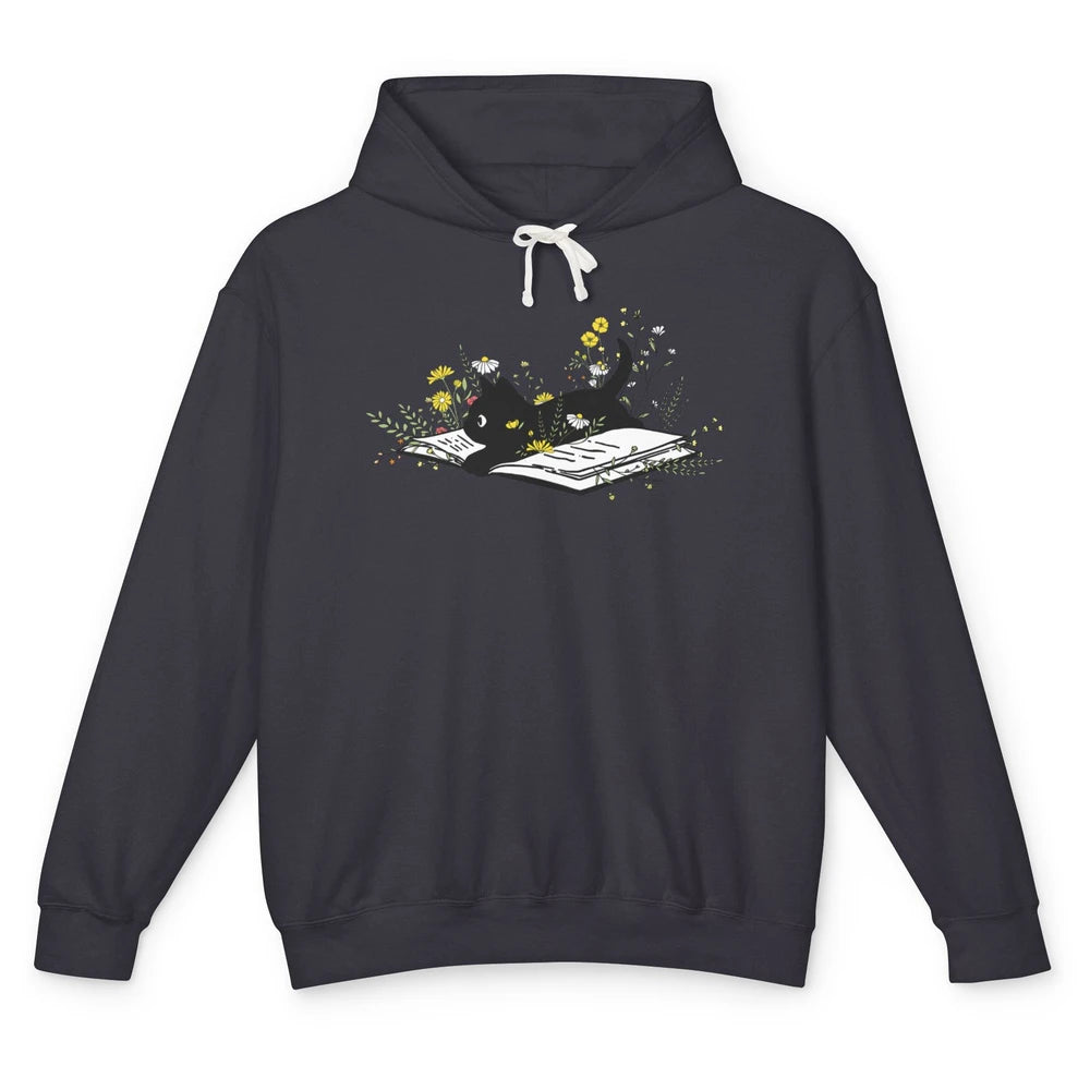 Cute Book Cat Floral Book Nerd Black Cat Lover Reader Gift Unisex Lightweight Hoodie