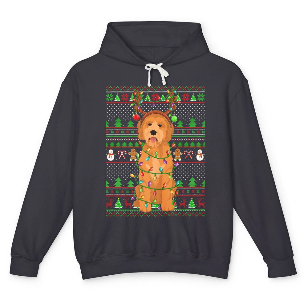 Merry Christmas Golden Doodle Dog Reindeer Xmas Lights Ugly Unisex Lightweight Hoodie