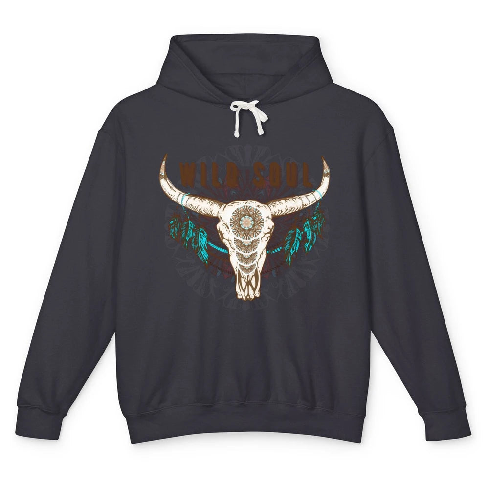 Boho Bull Skull Wild Soul Hippie Cowgirl Western Country Unisex Lightweight Hoodie