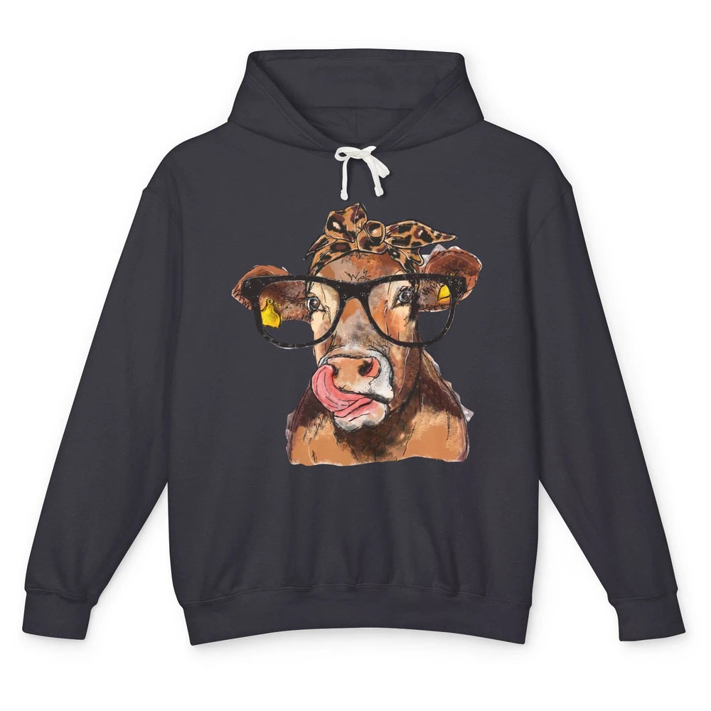 Leopard Bandana Glasses Heifer Lick Funny Cow Cattle Farmers Unisex Lightweight Hoodie