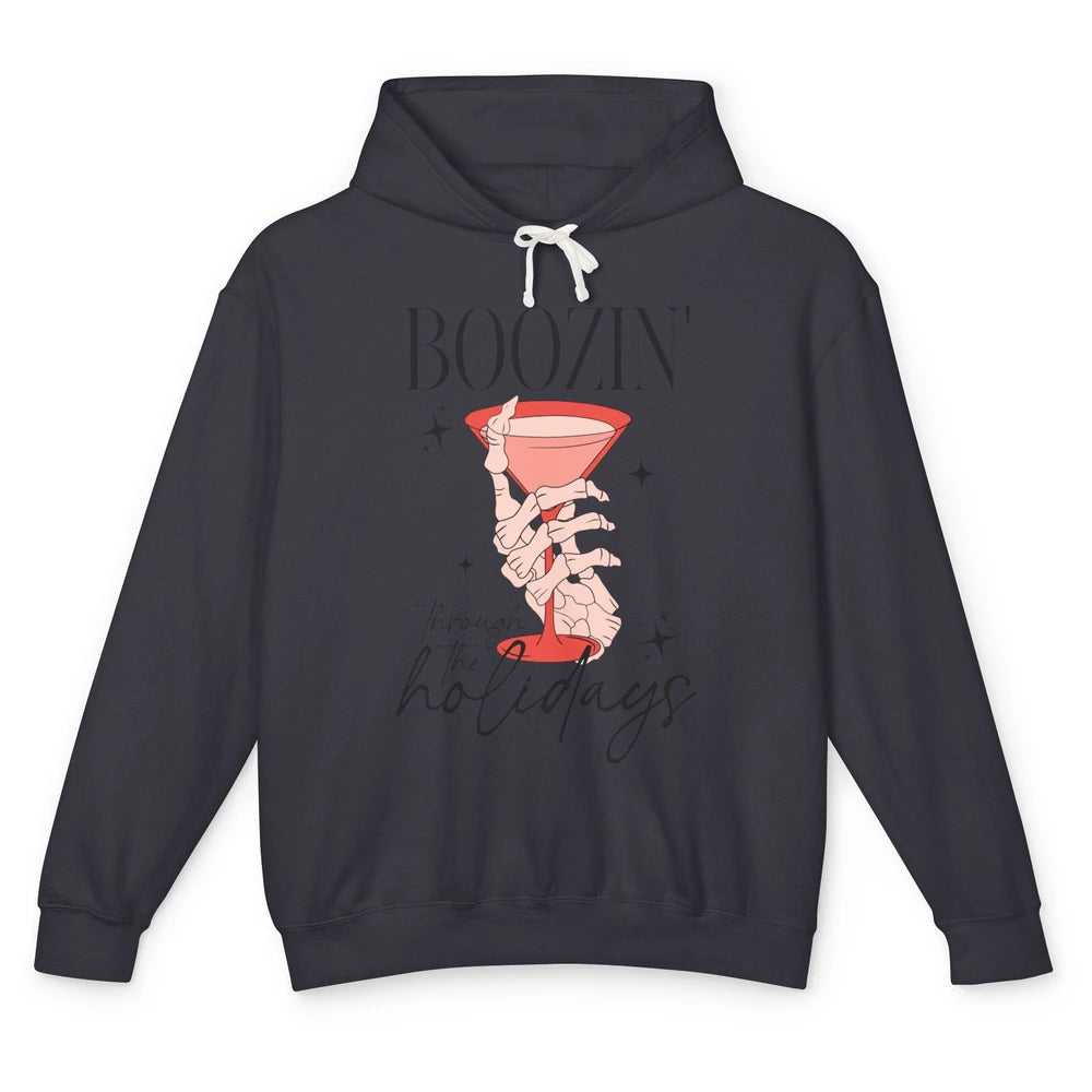 Boozin’ Through The Holidays Christmas Drinking Wine Glass Unisex Lightweight Hoodie