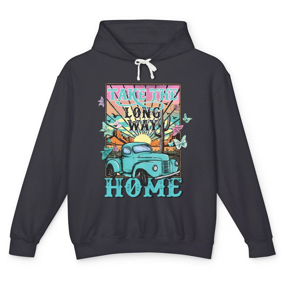 Retro Mountain Sunset Take The Long Way Home Western Country Unisex Lightweight Hoodie