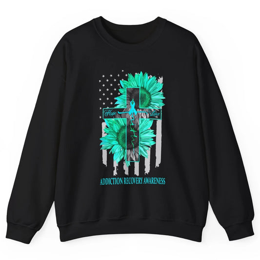 Addiction Recovery Faith Hope Love Teal US Flag Jesus Cross Unisex Crewneck Sweatshirt